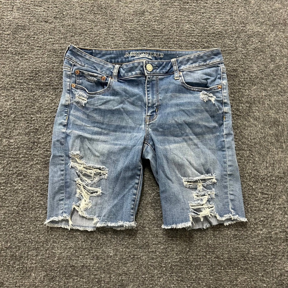 American Eagle Denim Shorts Womens Size 12 Blue Distressed Raw Hem Super Stretch
